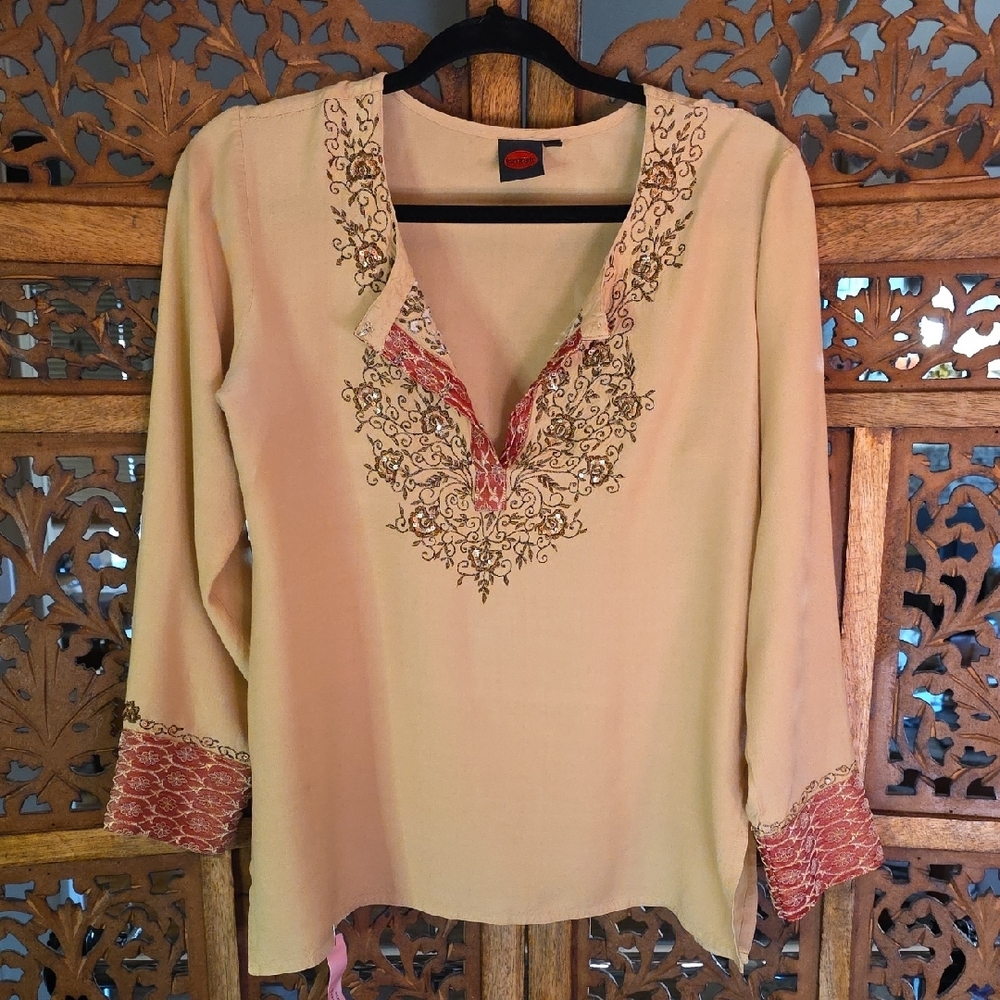 Chic Embroidered Beige and Red Blouse